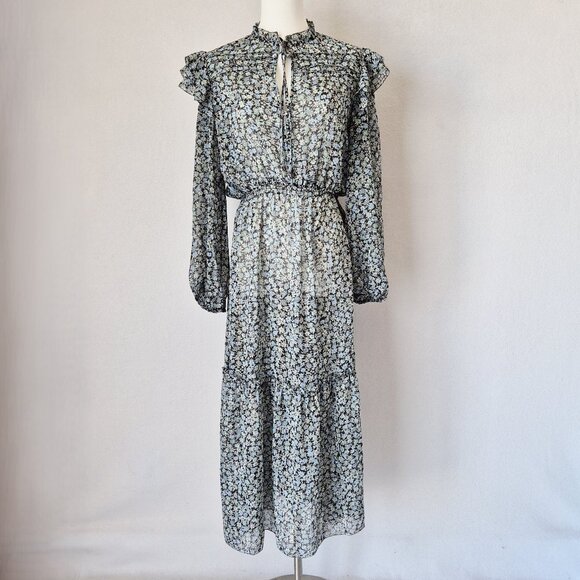 Maje Renaza Floral Sheer Chiffon Tiered Midi Dress Long Sleeve Metallic Blue - Picture 1 of 16